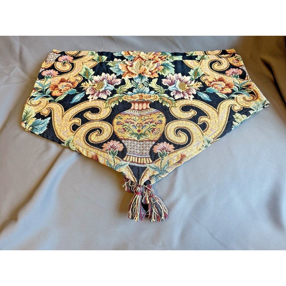 Set of 2 Vtg Tapestry Floral Grecian Tasseled  Window Valance‎ Granny Core 50x20